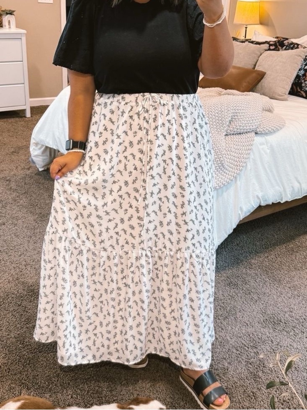 White Maxi Skirt with Black Floral Print and Drawstring Waist